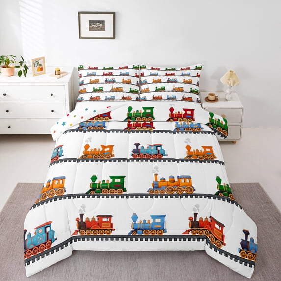 Castle Fairy Colorful Train 3 Pieces Queen Comforter Set for Boys Teens Men,Steam Engine Ultra Soft Bedding Sets,Railway Railroad Bedding Comforter Set,Luxury Bedroom Decor