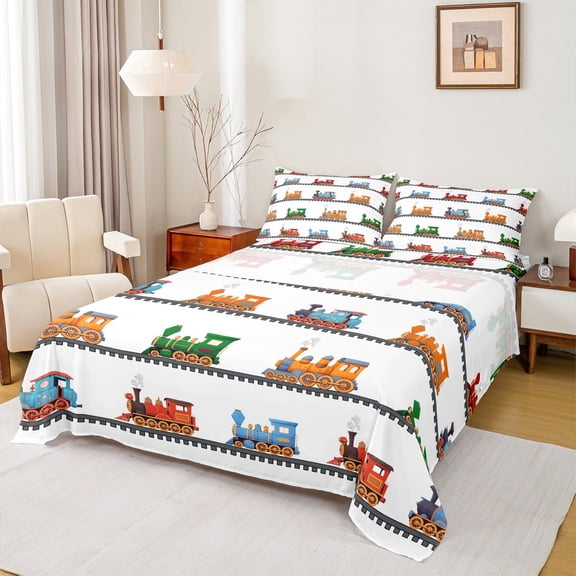 Castle Fairy Colorful Train 4-Piece Full Size Sheets for Boys Teens Men,Steam Engine Bed Sheets,Railway Railroad Lightweight Sheet Sets,Luxury Bedroom Decor