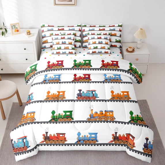 Castle Fairy Colorful Train 7Pcs Bedding Comforter Set for Boys Teens Men,Steam Engine Queen Bedding Sets Super Cozy,Railway Railroad Queen Sheet Sets,Luxury Bedroom Decor