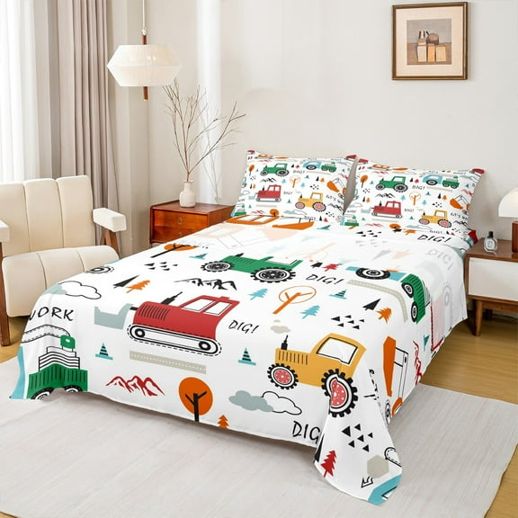 Castle Fairy Colorful Truck Boy 3pcs Twin Sheet Sets,Construction Vehicles Twin Fitted Sheet,Cartoon Car Breathable Flat Sheet,Luxury Bedroom Decor