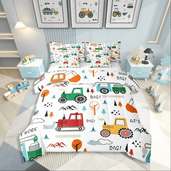 Castle Fairy Colorful Truck Boy 7-Piece Twin Bedding Sets,Construction Vehicles Bedding Comforter Set,Cartoon Car Breathable Sheet Sets,Luxury Bedroom Decor