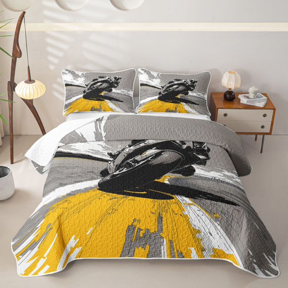 Castle Fairy Comic Sport Bike Twin Quilt Set,Gray Track Speed Twin Coverlet Set,Gray Yellow