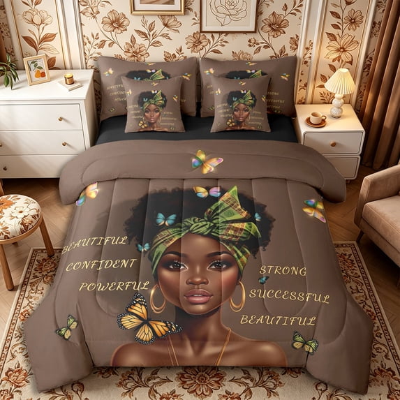 Castle Fairy Confident Lady In Green Wrap Queen Bedding 7pcs,Flying Butterflies Bedding Comforter Set Queen,Brown Green Orange,Black Reversible
