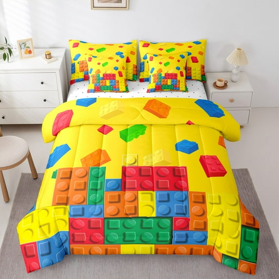 Castle Fairy Construction Game 7-Piece Twin Bedding Sets for Children,Colorful Brick Bedding Comforter Set,Building Blocks Breathable Sheet Sets,Super Cozy Room Decor