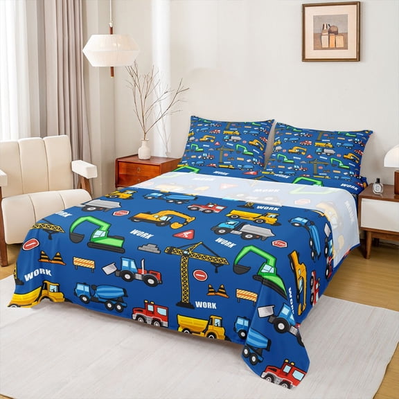 Castle Fairy Construction Truck Pattern Bed Sheets 4pcs for Kids, "Work" Art King Sheets for Bedroom, Yellow Blue
