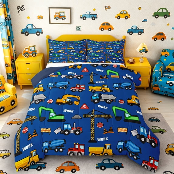 Castle Fairy Construction Truck Pattern Queen Comforter Set 3pcs for Kids, "Work" Art Bedding Comforter Set for Bedroom, Yellow Blue,Navy Blue Reversible