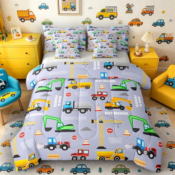 Castle Fairy Construction Truck Pattern Twin Bedding Sets 7-Piece for Kids, "Keep Digging" Art Bedding Comforter Set for Bedroom, Yellow Gray,Grey Reversible