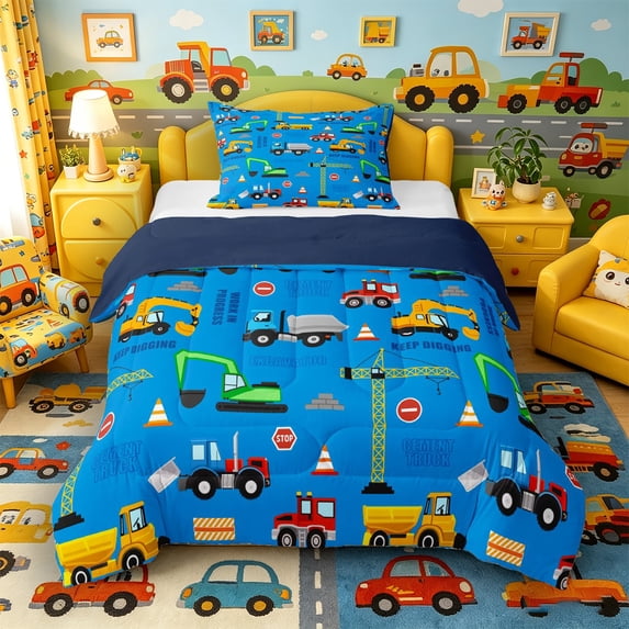 Castle Fairy Construction Truck Pattern Twin Comforter Sets 3-Piece for Boys, "Keep Digging" Print Bedding Set for Bedroom, Yellow Blue,Navy Blue Reversible