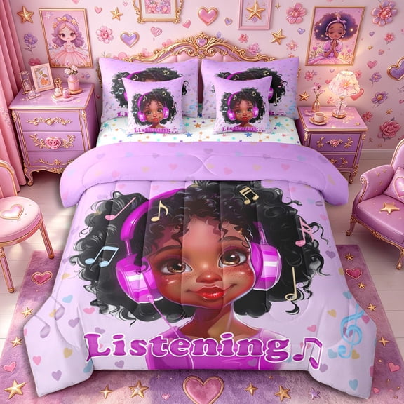 Castle Fairy Cool Black Girl Full Size Bedding Sets 7 Pieces,Music Heart Art Full Size Bed in a Bag,Purple