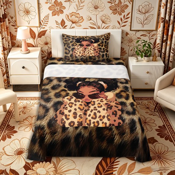 Castle Fairy Cool Black Girl Twin Sheets 3pcs,Old Fashion Leopard Print Bedding,Brown Black,1 Fitted Sheet, 1 Flat Sheet and 1 Pillowcase