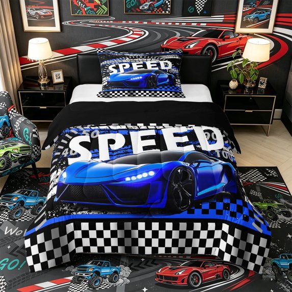 Castle Fairy Cool Blue Sports Car Twin Comforter Sets 3-Piece for Youths, Sharp Speedometer Graphic Bedding Set for Bedroom, Blue Black White,Black Reversible