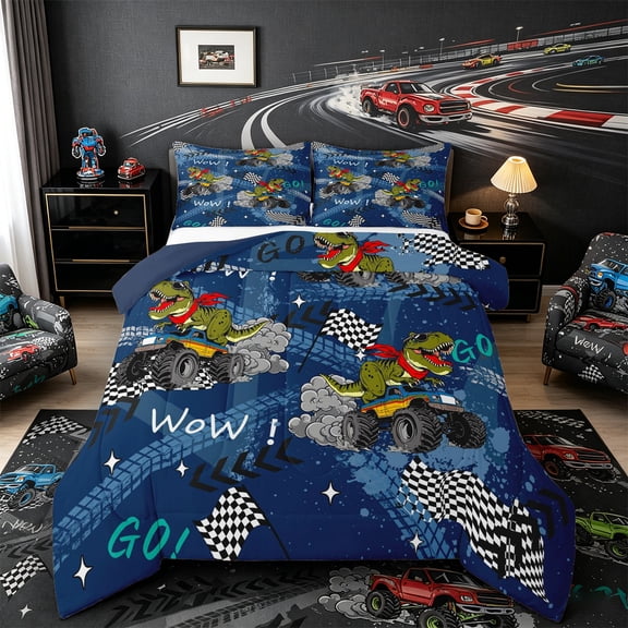 Castle Fairy Cool Dinosaur Monster Truck Queen Comforter Set 3pcs for Kids, Racing Checkered Flag Bedding Comforter Set for Nursery, Blue Black,Navy Blue Reversible