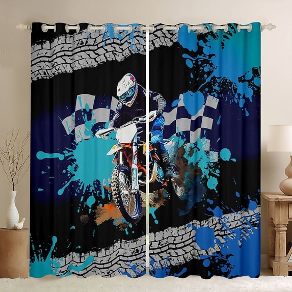 Castle Fairy Cool Dirt Bike Black Out Curtains for Boys, Bold Motocross Graphic Curtains Pack of 2 (42x63 Each) for Bedroom, Blue