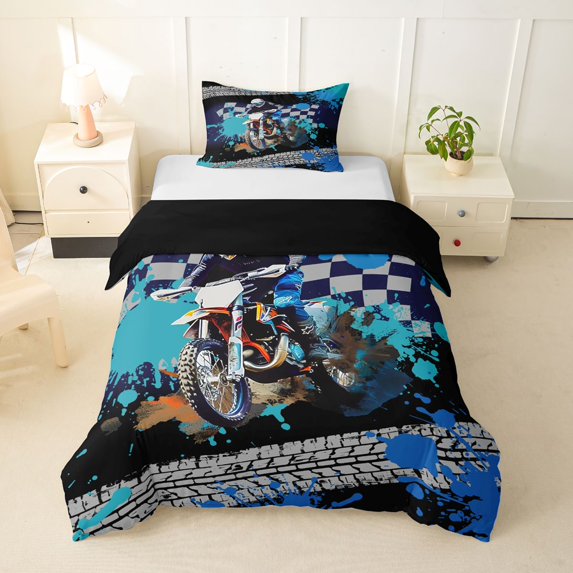 Castle Fairy Cool Dirt Bike Twin Bedding for Boys, Bold Motocross Graphic Duvet Cover Set for Bedroom, Blue,Black Reversible,2pcs,No Comforter