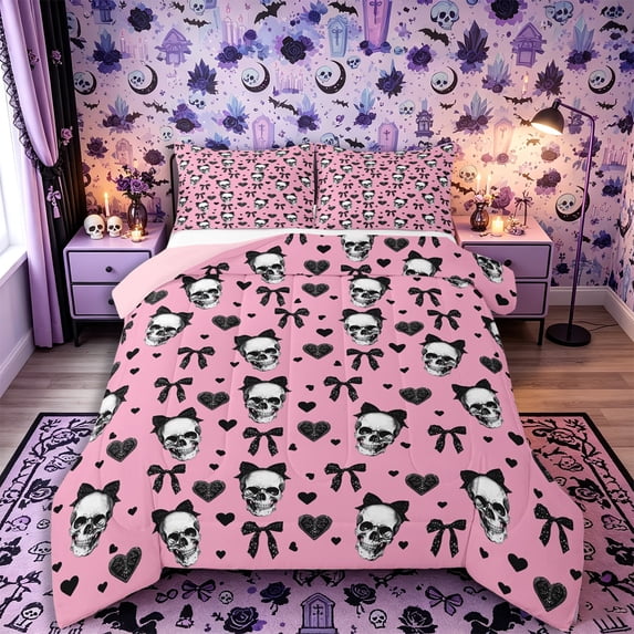 Castle Fairy Coquette Goth Skull Full Size Comforter Sets 3-Piece,Bow Heart Happy Halloween Bedding Comforter Set,Pink Blacks,1 Comforter and 2 Pillowcases,Pink Reversible