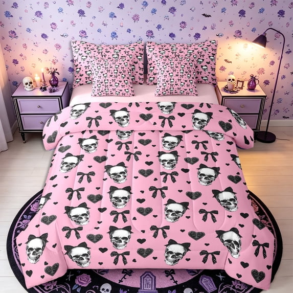 Castle Fairy Coquette Goth Skull Queen Bedding 7pcs,Bow Heart Happy Halloween Bedding Comforter Set Queen,Pink Black,Pink Reversible