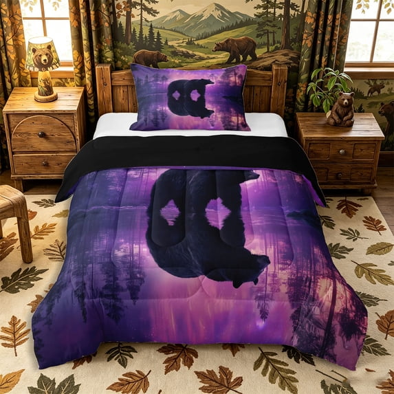 Castle Fairy Cosmic Starry Sky Bear Twin Comforter Sets 2pcs,Gradient Galaxy Animal Bedding Set,Purple Pink Black,Black Reversible,1 Comforter and 1 Pillowcase