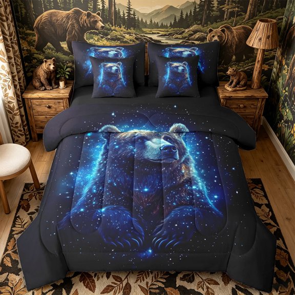 Castle Fairy Cosmic Stars Bear 7-Piece Twin Bedding,Galaxy Nebula Animal Bedding Comforter Set,Navy Sky Blue,Black Reversible