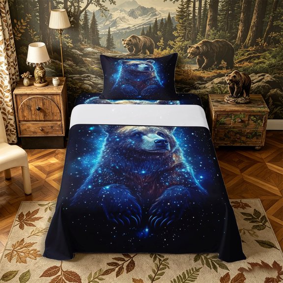 Castle Fairy Cosmic Stars Bear Twin Sheets 3pcs,Galaxy Nebula Animal Bedding,Navy Sky Blue,1 Fitted Sheet, 1 Flat Sheet and 1 Pillowcase