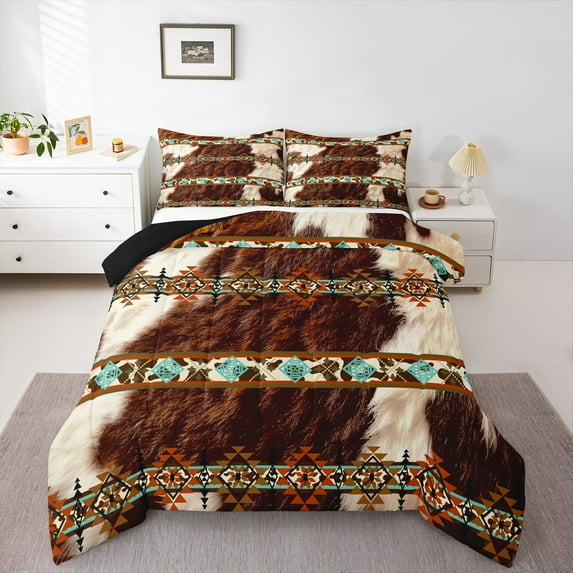 Castle Fairy Cow Bull Print 3-Piece Full Size Comforter Sets for Women Men Teenagers,Farmhouse Animal Bedding Comforter Set,Bohemian Aztec Lightweight Bedding Sets,Breathable Home Decor