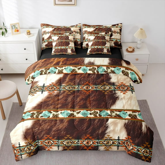 Castle Fairy Cow Bull Print 7-Piece Bedding Comforter Set for Women Men Teenagers,Farmhouse Animal King Bedding Sets,Bohemian Aztec Ultra Soft Bed Sheets,Breathable Home Decor