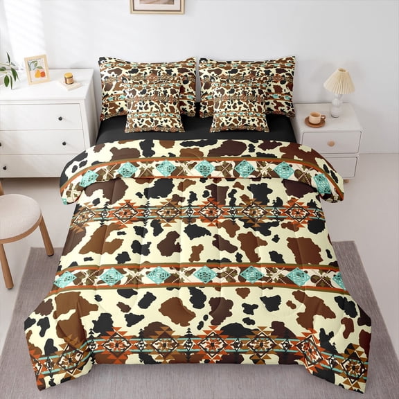 Castle Fairy Cow Bull Print 7 Pieces Bedding Comforter Set for Women Men Teenagers,Farmhouse Animal Full Bedding Set Lightweight,Bohemian Aztec Fitted Sheet Flat Sheet,Breathable Home Decor
