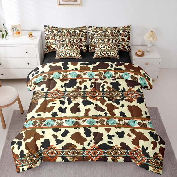 Castle Fairy Cow Bull Print 7 Pieces Bedding Comforter Set for Women Men Teenagers,Farmhouse Animal Full Bedding Set Lightweight,Bohemian Aztec Fitted Sheet Flat Sheet,Breathable Home Decor