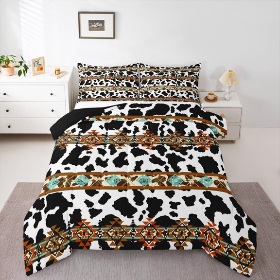 Castle Fairy Cow Print 3 Pieces Queen Comforter Set for Teens Women Men,Bohemian Aztec Ultra Soft Bedding Sets,Exotic Style Bedding Comforter Set,Super Cozy Room Decor