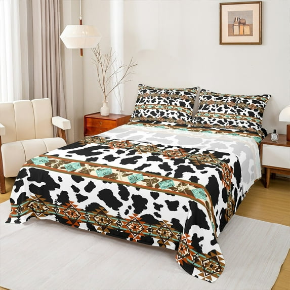 Castle Fairy Cow Print 3Pcs Twin Sheet Sets for Teens Women Men,Bohemian Aztec Twin Fitted Sheet,Exotic Style Breathable Flat Sheet,Super Cozy Room Decor