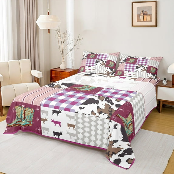 Castle Fairy Cow Print 3pcs Twin Sheet Sets,Geometric Plaid Twin Fitted Sheet,Western Theme Breathable Flat Sheet,Super Cozy Cowgirl Room Decor
