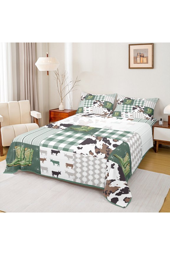 Cow Print 3pcs Twin Sheet Sets,Geometric Plaid Twin Fitted Sheet,Western Theme Breathable Flat Sheet,Super Cozy Cowgirl Room Decor