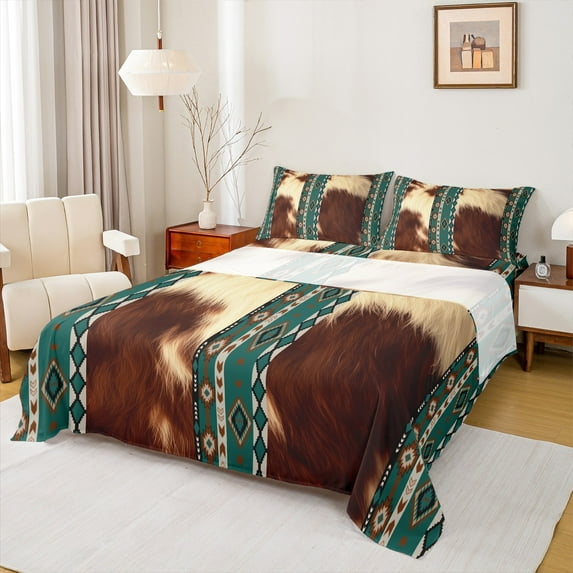 Castle Fairy Cow Print 4-Piece Full Size Sheets for Teens Women Men,Bohemian Aztec Bed Sheets,Exotic Style Lightweight Sheet Sets,Super Cozy Room Decor