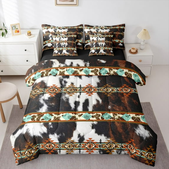 Castle Fairy Cow Print 7-Piece Twin Bedding Sets for Teens Women Men,Bohemian Aztec Bedding Comforter Set,Exotic Style Breathable Sheet Sets,Super Cozy Room Decor