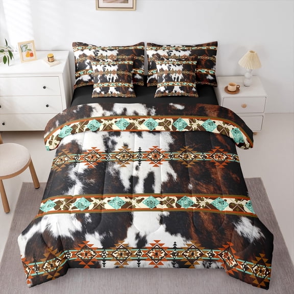 Castle Fairy Cow Print 7 Pieces Bedding Comforter Set for Teens Women Men,Bohemian Aztec Full Bedding Set Lightweight,Exotic Style Fitted Sheet Flat Sheet,Super Cozy Room Decor