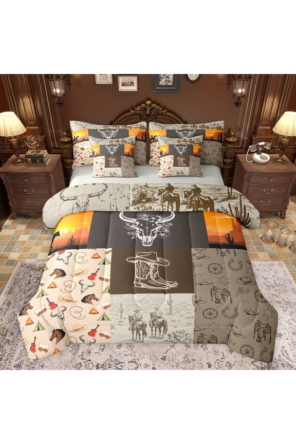 Cowboy Boots Hats Twin Bedding Sets 7-Piece for Adults Boys Girls,Western Theme Bedding Comforter Set Microfiber,Exotic Style Vintage Aesthetic Breathable Sheet Sets