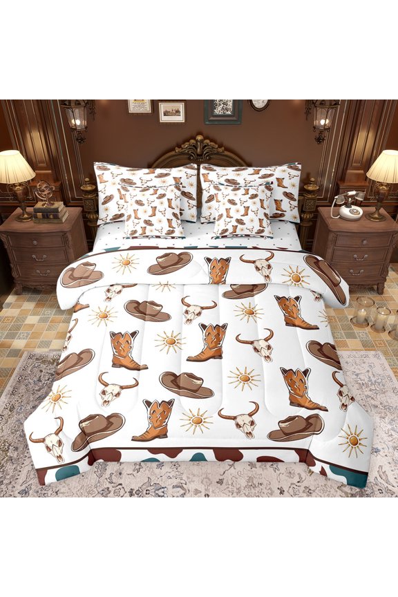 Cowboy Boots Hats Twin Bedding Sets 7-Piece for Kids Children Teenagers,Western Theme Cow Print Bedding Comforter Set Microfiber,Bohemian Bull Skull Breathable Sheet Sets