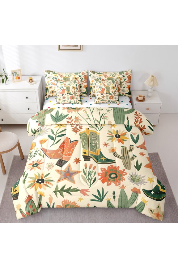 Cowgirl Boots 7-Piece Bedding Comforter Set for Teenagers,Western Cactus King Bedding Sets,Chic Flower Ultra Soft Bed Sheets,Ultra Soft Home Decor