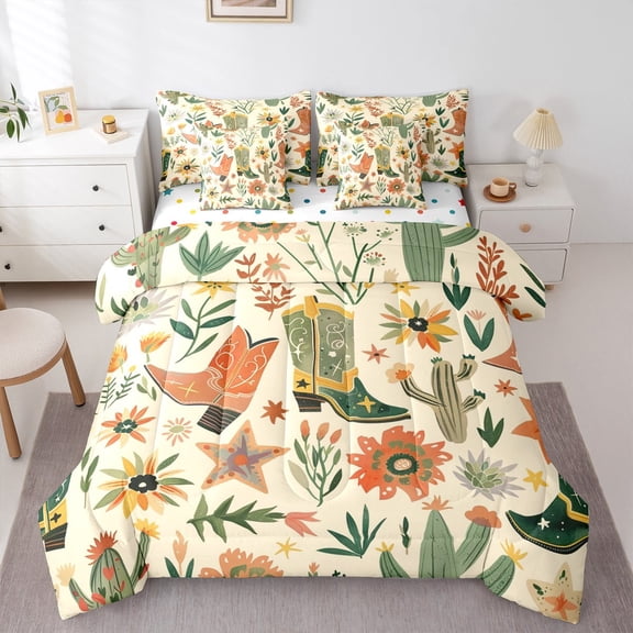 Castle Fairy Cowgirl Boots 7-Piece Twin Bedding Sets for Teenagers,Western Cactus Bedding Comforter Set,Chic Flower Breathable Sheet Sets,Ultra Soft Home Decor