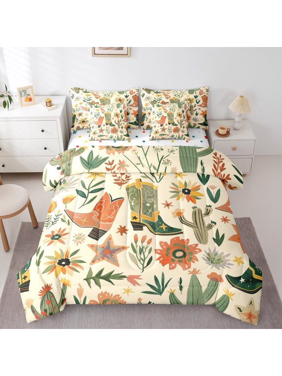 Cowgirl Boots 7-Piece Twin Bedding Sets for Teenagers,Western Cactus Bedding Comforter Set,Chic Flower Breathable Sheet Sets,Ultra Soft Home Decor