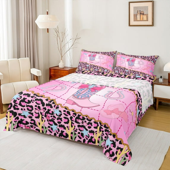 Castle Fairy Cowgirl Boots Hats 3pcs Twin Sheet Sets for Girls,Leopard Print Twin Fitted Sheet,Western Horseshoe Breathable Flat Sheet,Ultra Soft Home Decor