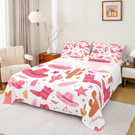 Castle Fairy Cowgirl Boots Hats 4pcs Bed Sheets for Female Women,Western Exotic Style King Sheets,Dreamy Princess Super Cozy Sheet Set,Microfiber Bedroom Decor