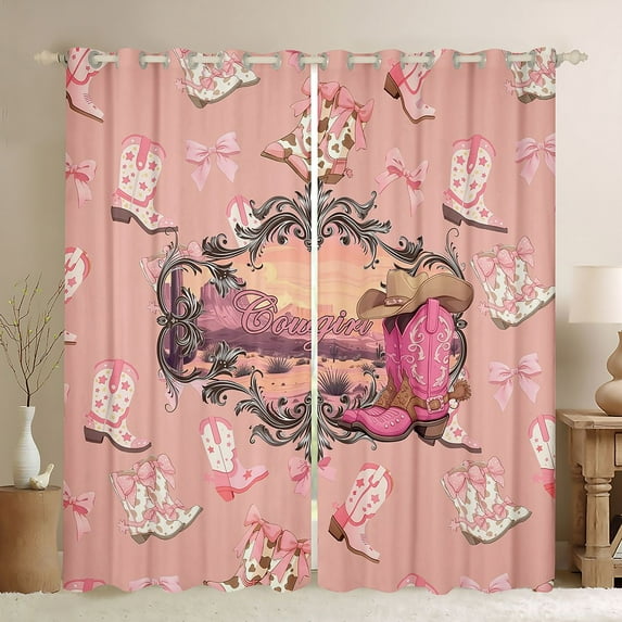 Castle Fairy Cowgirl Boots Hats Black Out Curtains for Adults Boys Girls,Western Theme Curtains Pack of 2 (42x63 Each),Southwestern Vintage Aesthetic Bedroom Curtains,Breathable Home Decor