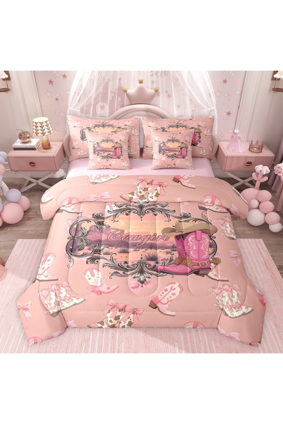 Cowgirl Boots Hats Twin Bedding Sets 7-Piece for Adults Boys Girls,Western Theme Bedding Comforter Set Microfiber,Southwestern Vintage Aesthetic Breathable Sheet Sets