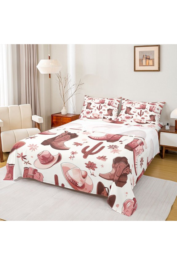 Cowgirls Boots Hats 4 Pieces Queen Sheet Sets for Teens Adults,Chic Flowers Cactus Ultra Soft Flat Sheet,Western Theme Queen Fitted Sheet,Breathable Home Decor