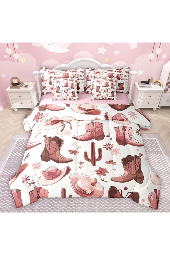 Cowgirls Boots Hats Bedding Comforter Set 7-Piece for Teens Adults,Chic Flowers Cactus King Bedding Sets,Western Theme Ultra Soft Bed Sheets,Breathable Home Decor,Reversible