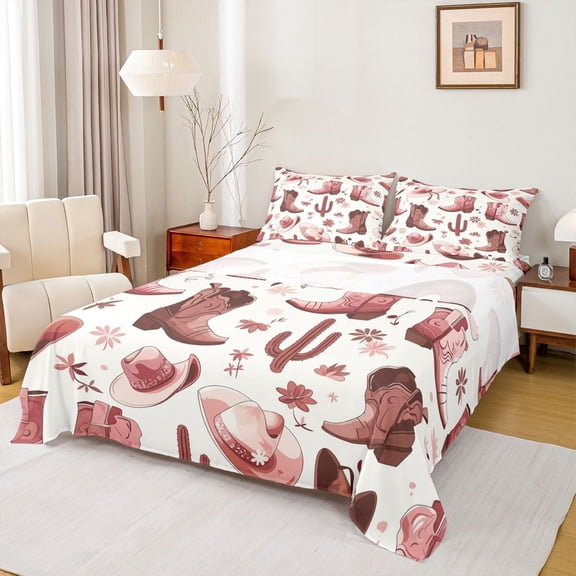 Castle Fairy Cowgirls Boots Hats Twin Sheet Sets 3pcs for Teens Adults,Chic Flowers Cactus Twin Fitted Sheet Microfiber,Western Theme Breathable Flat Sheet,Breathable Home Decor