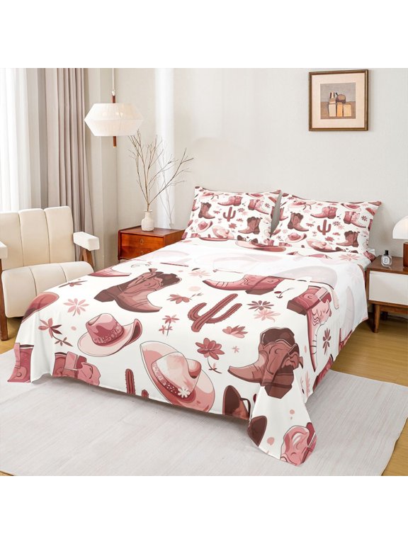 Cowgirls Boots Hats Twin Sheet Sets 3pcs for Teens Adults,Chic Flowers Cactus Twin Fitted Sheet Microfiber,Western Theme Breathable Flat Sheet,Breathable Home Decor