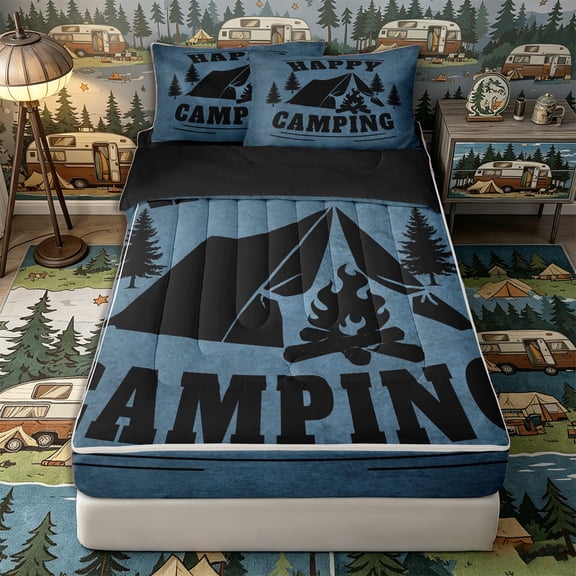 Castle Fairy Cozy Outdoor Camping Zipper Full Size Comforter Sets with Fitted Sheet and 2 Pillowcases,Warm Campfire Tent Zipper Bedding Set,Indigo Charcoal,4pcs,Black Reversible