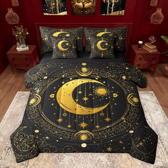 Castle Fairy Crescent Moon Bedding Comforter Set 7pcs for Adults Female Men Women,Holy Month Starry Sky Queen Bedding Sets Super Cozy,Exotic Style Psychedelic Galaxy Queen Sheet Sets