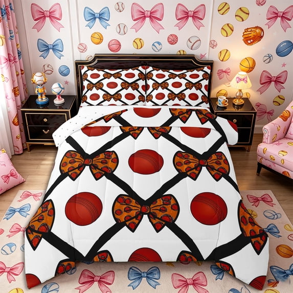 Castle Fairy Cricket Print Bow Full Size Comforter Sets 3-Piece, Minimalism Grid Bedding Comforter Set, Black Red Brown,1 Comforter and 2 Pillowcases